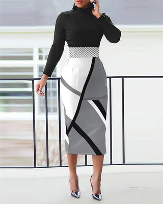 EHGVGMA Elegant Long Sleeve Slim Dress/ Casual High Waist Autumn Office Lady Midi Dresses