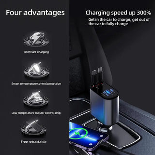 Retractable Car Charger USB Type C Cable / 100W 4 IN 1 Super Fast Charger